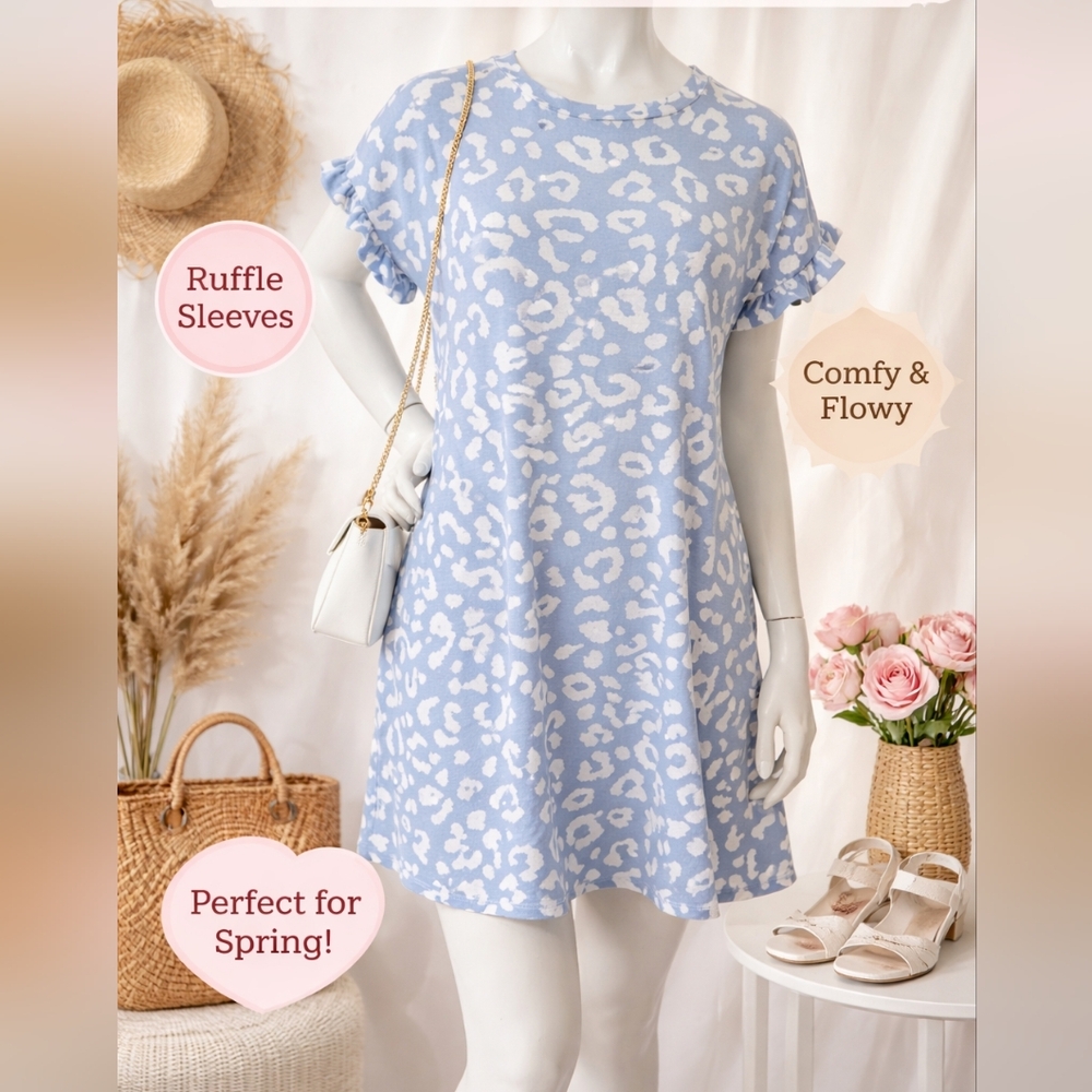 Light Blue Leopard Print Ruffle Sleeve Dress